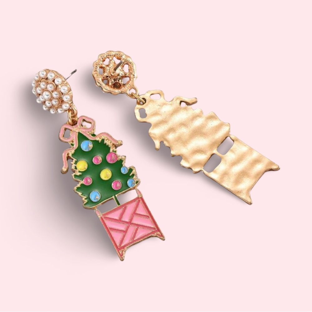 New! ✨ Chinoiserie Chic Christmas Tree Topiary Style Dangle Enamel Earrings